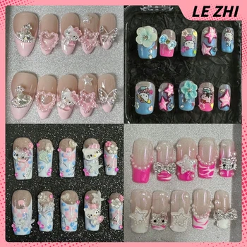 Uñas postizas 3D de Hello Kitty, Uñas postizas desmontables con forma de estrella, Bowknot, cobertura completa, clase, Reunión, fiesta, regalo, Kawaii