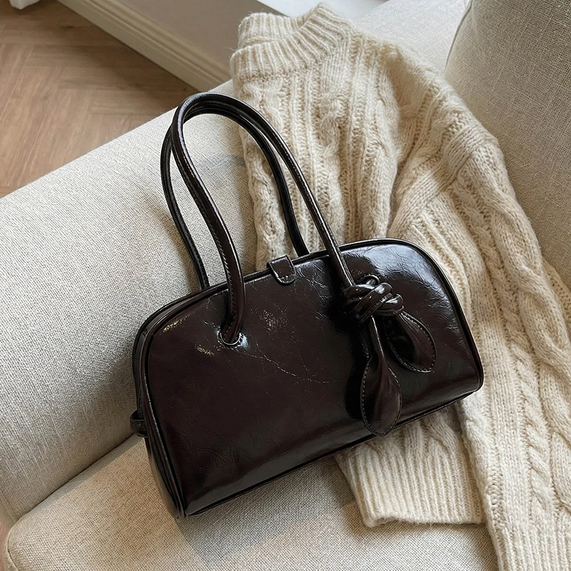 Women's Glossy Leather Handbags and Purses Bowknot Decor Double Handle Casual Daily Elegant Shoulder Bag 2026 Simple Tote Bag