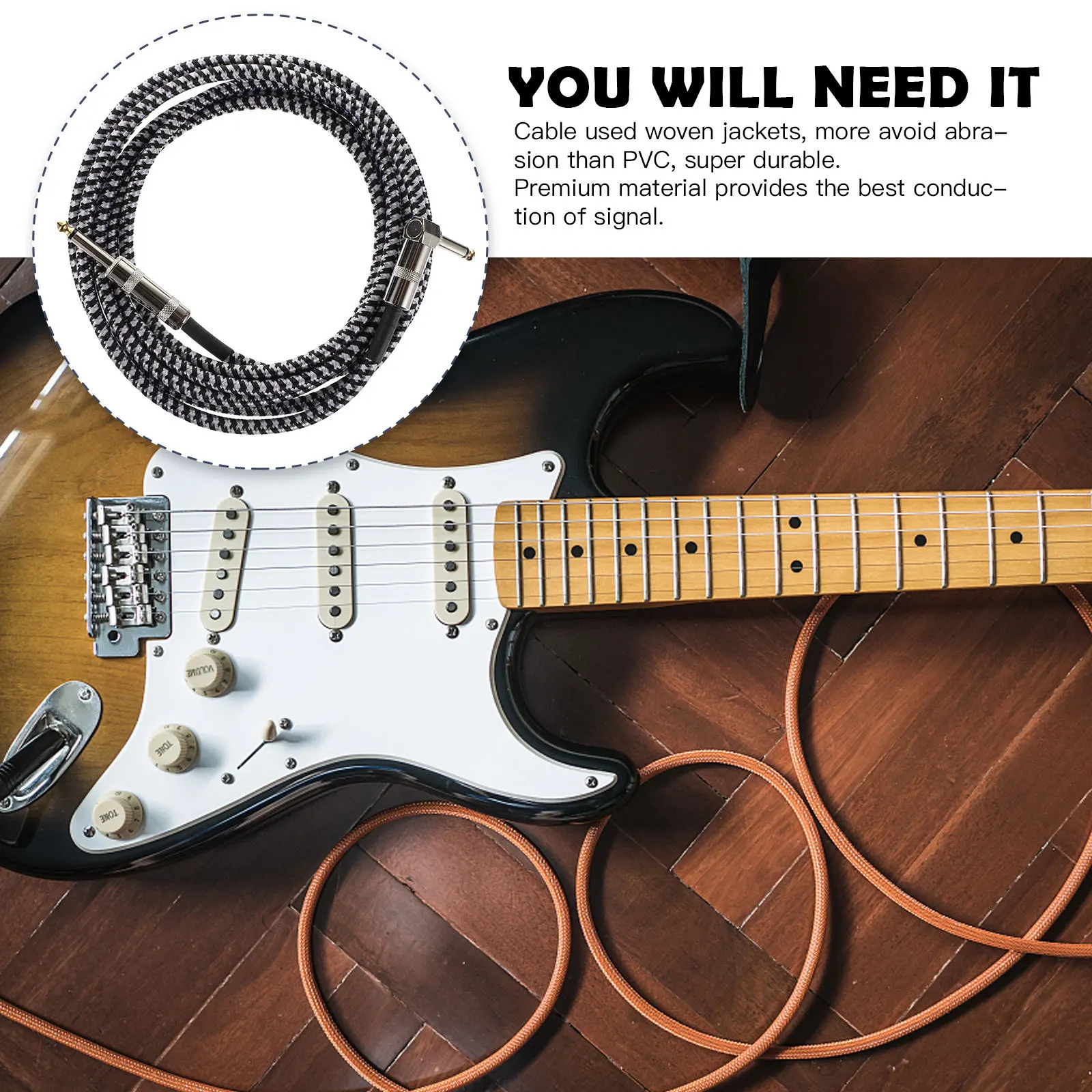 

6.35Mm Braided Guitar Cable Professional Instrument Audio Cable Durable Woven Jacket For Electric Acoustic Guitar
