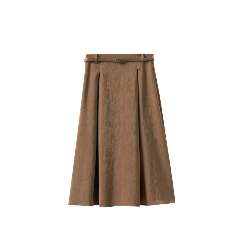 INMAN Women Skirt 2023 Spring A-shaped Pleated Loose With Same Color Adjustable Waistband Vintage Elegant Mid-length Skirt