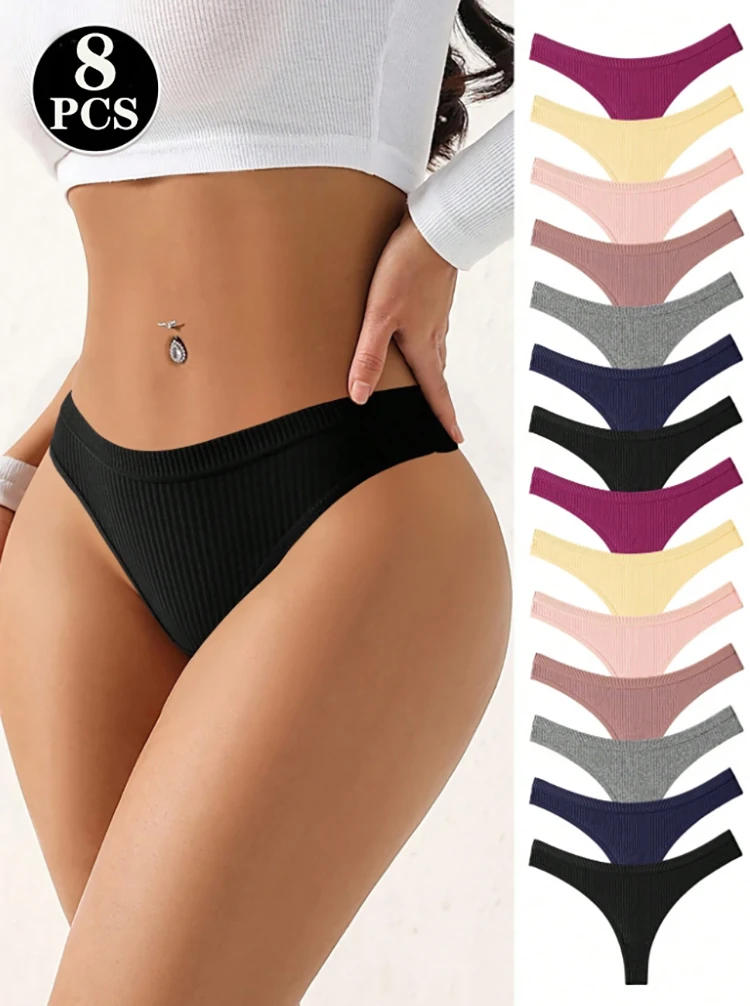 8pcs Seamless Ribbed Thongs for Women - Soft, Breathable Blend, Stretchy Underwear In Assorted Colors | Comfortable & Durable fo