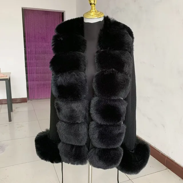 Damski krótki sweter rozpinany na wiosnę i jesień, hit sprzedaży, sweter rozpinany z dzianiny ze sztucznego futra z kołnierzem z imitacji futra lisa dla kobiet.