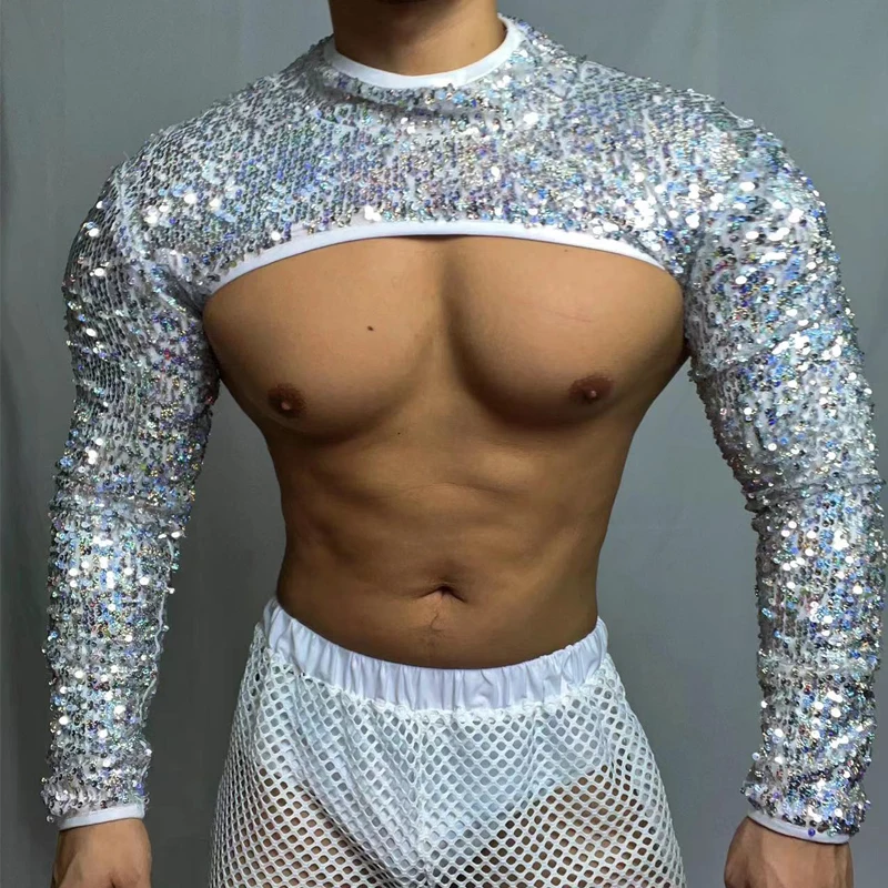 머슬맨 폴 댄스 의류, 고고 댄스 코스튬, 레이브 의상, 실버 스팽글 탑 메쉬 팬츠 바, DJ Ds 무대 클럽웨어, XS5052