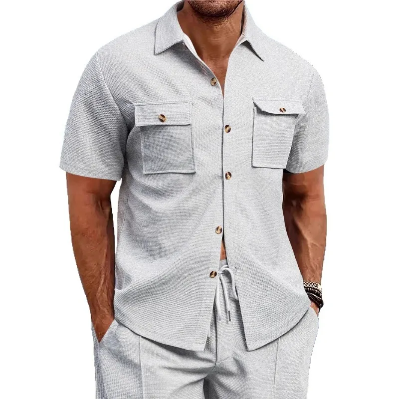 

Summer Men's Waffle Short-sleeved Casual Solid Color Lapel Button Pocket Versatile Shirt Loose Pullover