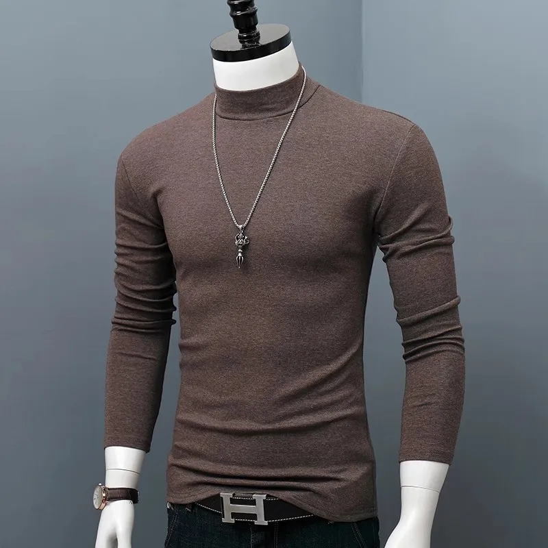 Autumn and Winter Long Sleeved T-shirt, Men's Thermal Underwear, Semi High Neck with Fleece Base, Slim Fit for Wearing Outside