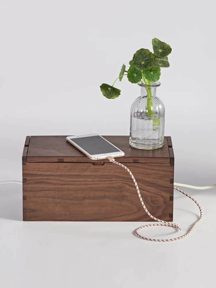 

Xiqi Black Walnut Wood Cable Organizer Box Decorative Desktop Power Strip Storage Box Bedroom Cable Management Box