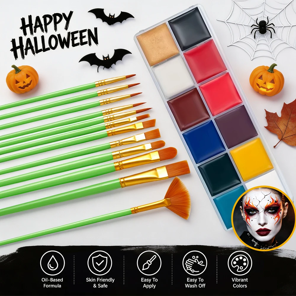 12 Colors Face Body Paint Kit with Brushes,42g Non‑Toxic Face Painting Palette for Halloween Stage Makeup Body Art Cosmeti