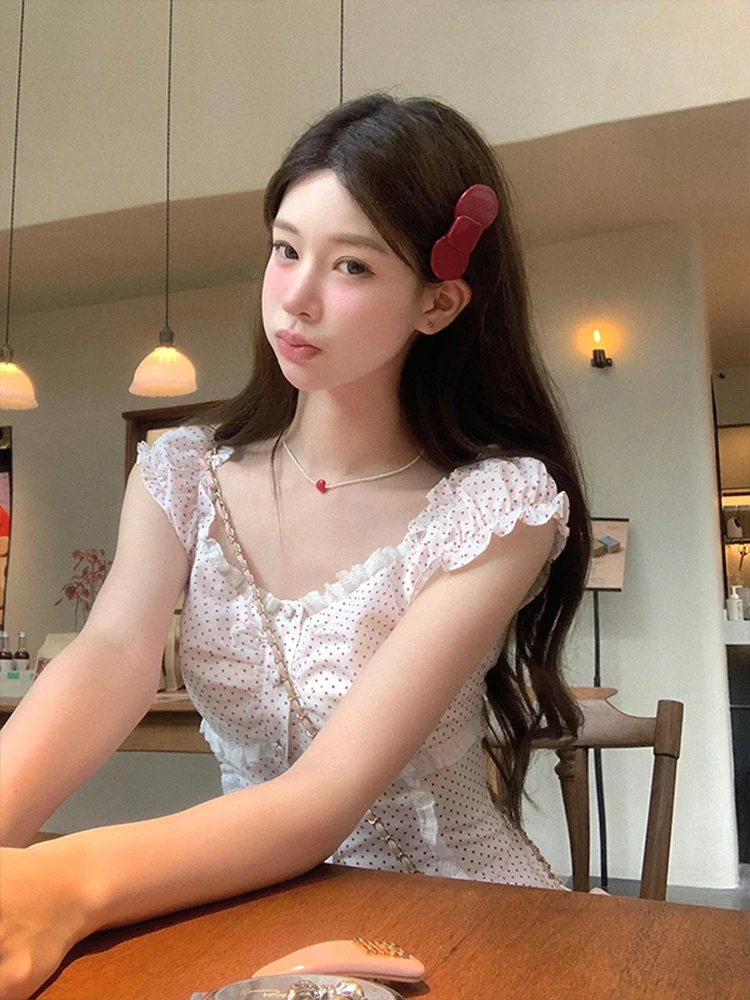 Dolce Polka Dot ort Sve irt Slim Fit ort Lunghezza Top ingombrante in vita Coreano Sle Bubble Sve Chiusura con bottoni V-Ne