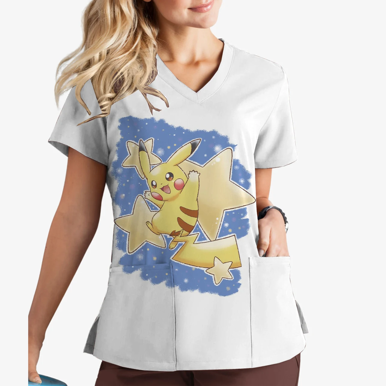 Summer Beauty Salon Nursing Home Women's Nursing Clothing V-Neck Print Scrub Top Animation Pikachu Print Short Sleeve Top