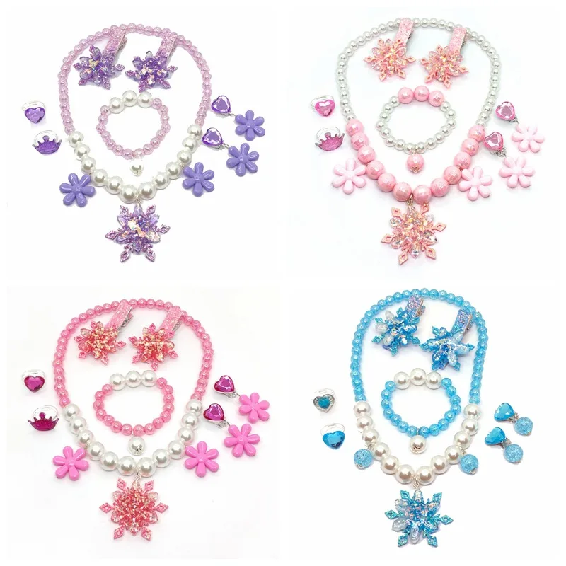 

Cute Girls Snowflake Hairpin Sets Kids Beaded Necklace Earrings Ring Bracelet Little Girl Pirncess Cosplay Jewelry Dress Up Sets