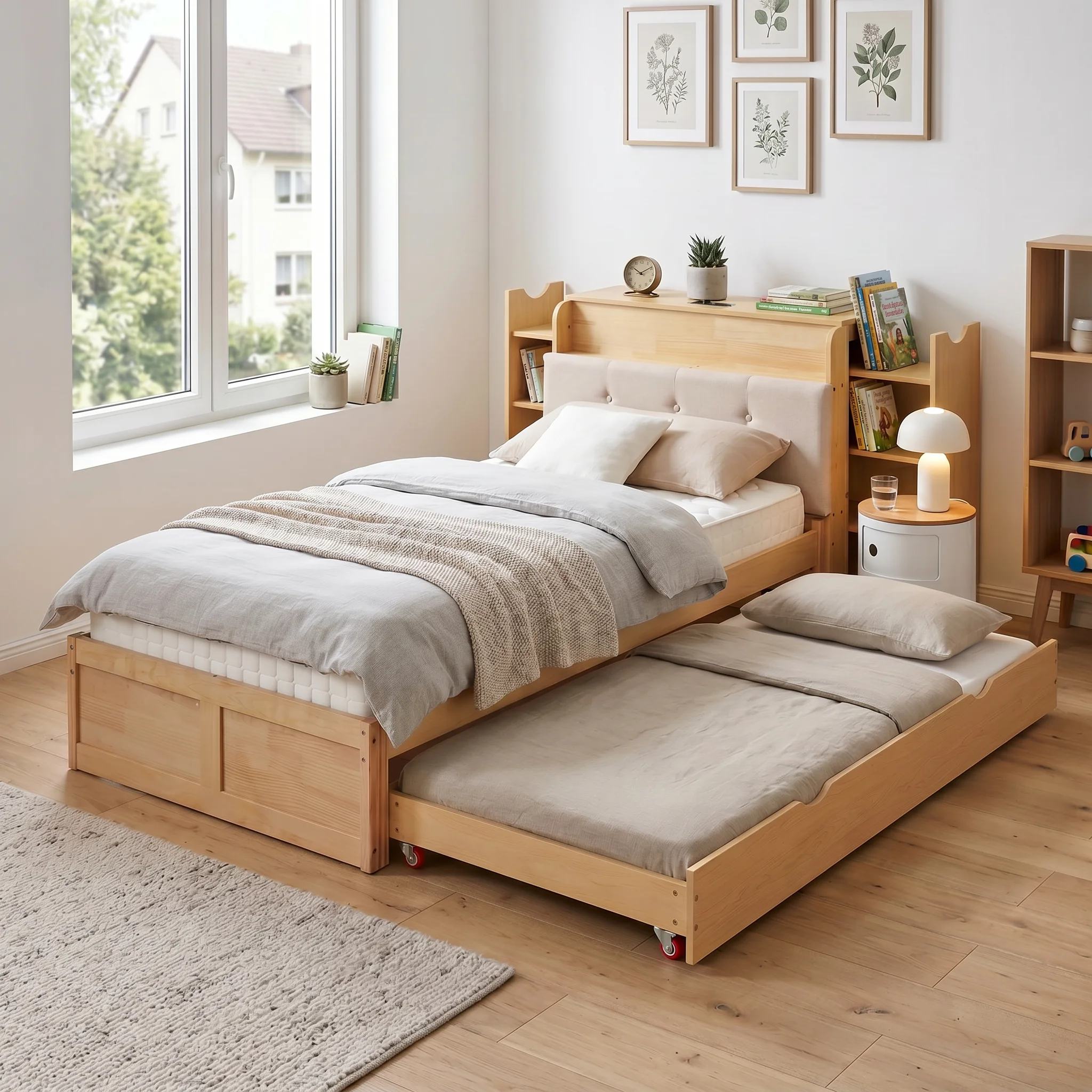 Letto Estraibile Multifunzionale 90X200Cm Con Mensole Laterali Integrate E Area Studio, Testiera Imbottita Con Vano Contenitore Nascosto, Presa EU E Usb, Convertibile In Letto Matrimoniale 180X200Cm - Design Sicuro Con Ruote Frenabili Per Bambini E Adulti-image
