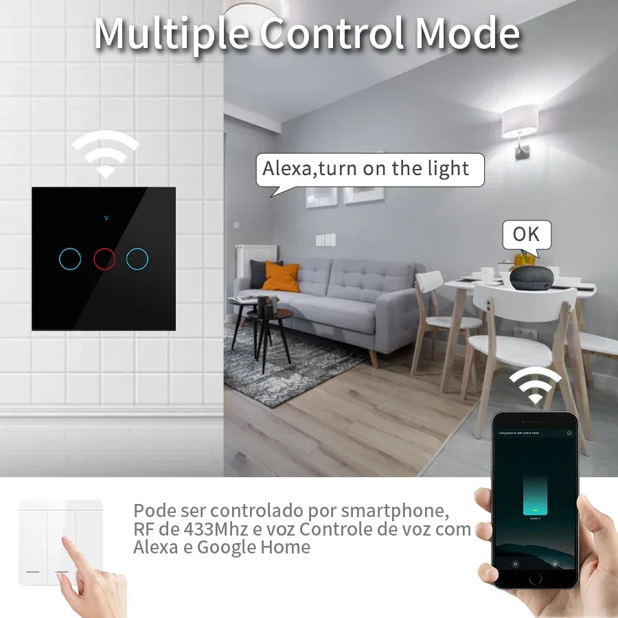 Tuya WiFi Smart Switch EU RF433MHz Wall Touch Switch 1/2/3 Gang Smart Life APP Voice Control Works With Alexa Google Home