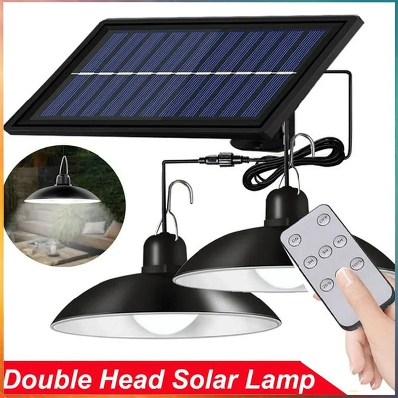 

Nice Solar Pendant Light Outdoor Waterproof LED Lamp Double-head Chandelier Decorations With Remote Control For Indoor Shed Barn
