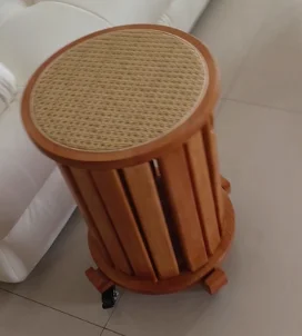 Wood Round Stool with Rattan Seat, Breathable Woven Wicker Stool for Living Room/Dining, Stackable Space Saving Extra Seating