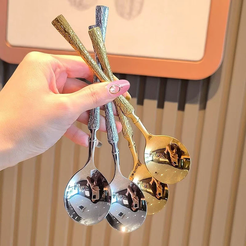 Korean Stainless Steel Ice Patterned Long Handled Korean Style Round Headed Spoon Western Style Spoon Dessert Spoon Rice Scoop