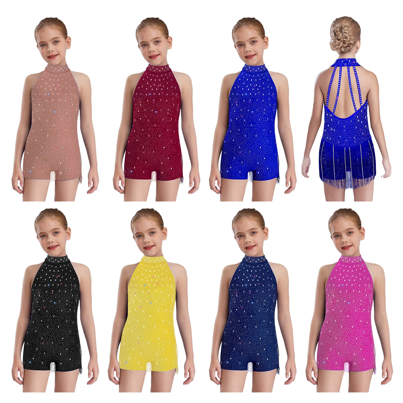 أطفال بنات اللاتينية الجاز ملابس رقص الجمباز مهدب الرسن أكمام عارية الذراعين لامعة الراين ارتداءها لمنافسة الأداء