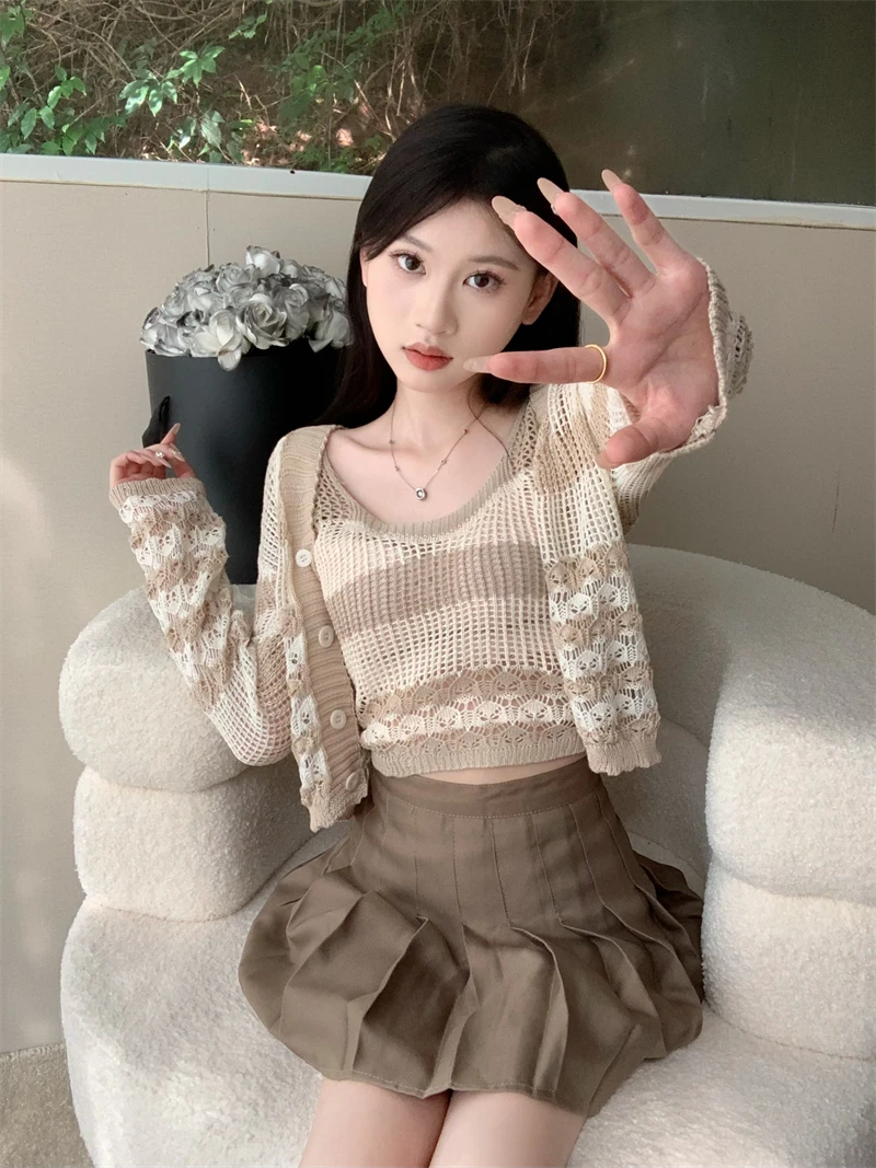 Korean Style Breathable Cardigan Knit+Tank Top Two-piece Set for Female Students Preppy Style Striped Clothes Set Woman Sweaters