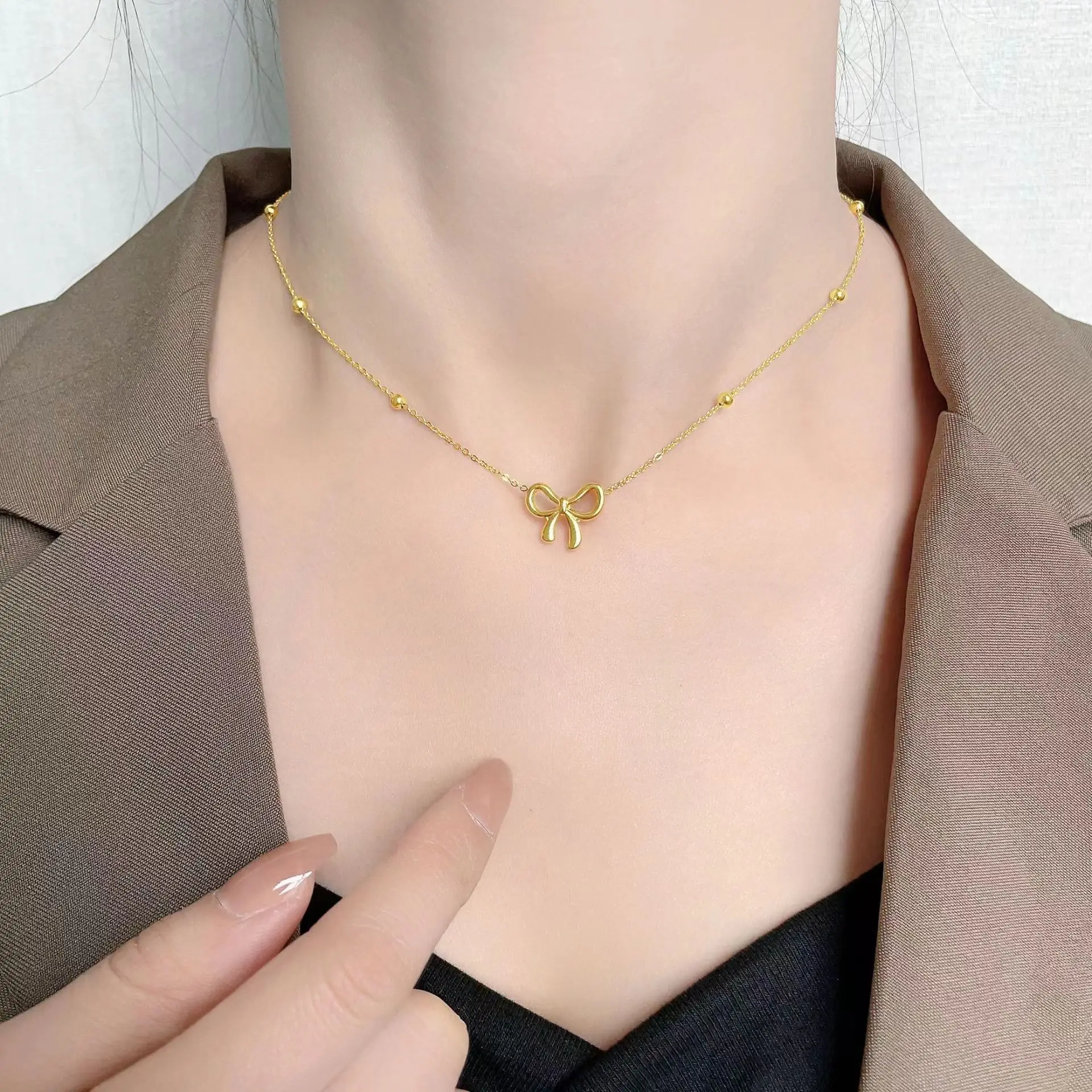 316 Stainless Steel Beads Chain Hollow Bowknot Pendant Necklace for Women Niche Simple Jewery Accessory ANENJERY L316 Stainless