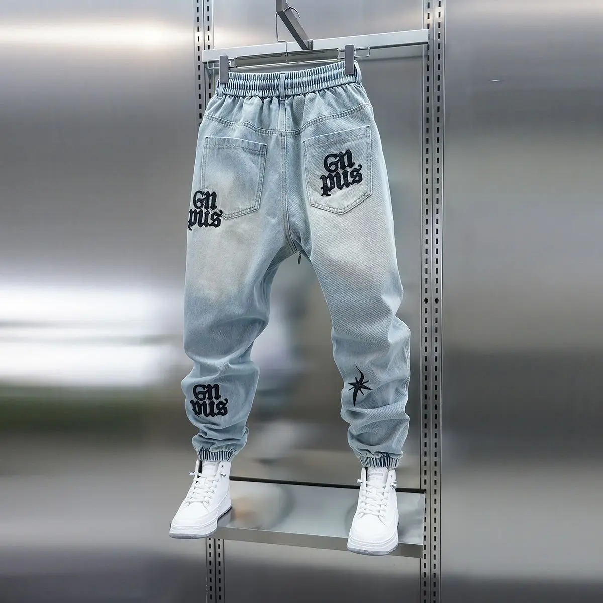 American high-street letter embroidered washed denim jeans fashion loose-fitting jogger harem pants slim-fit casual pants - Image 4