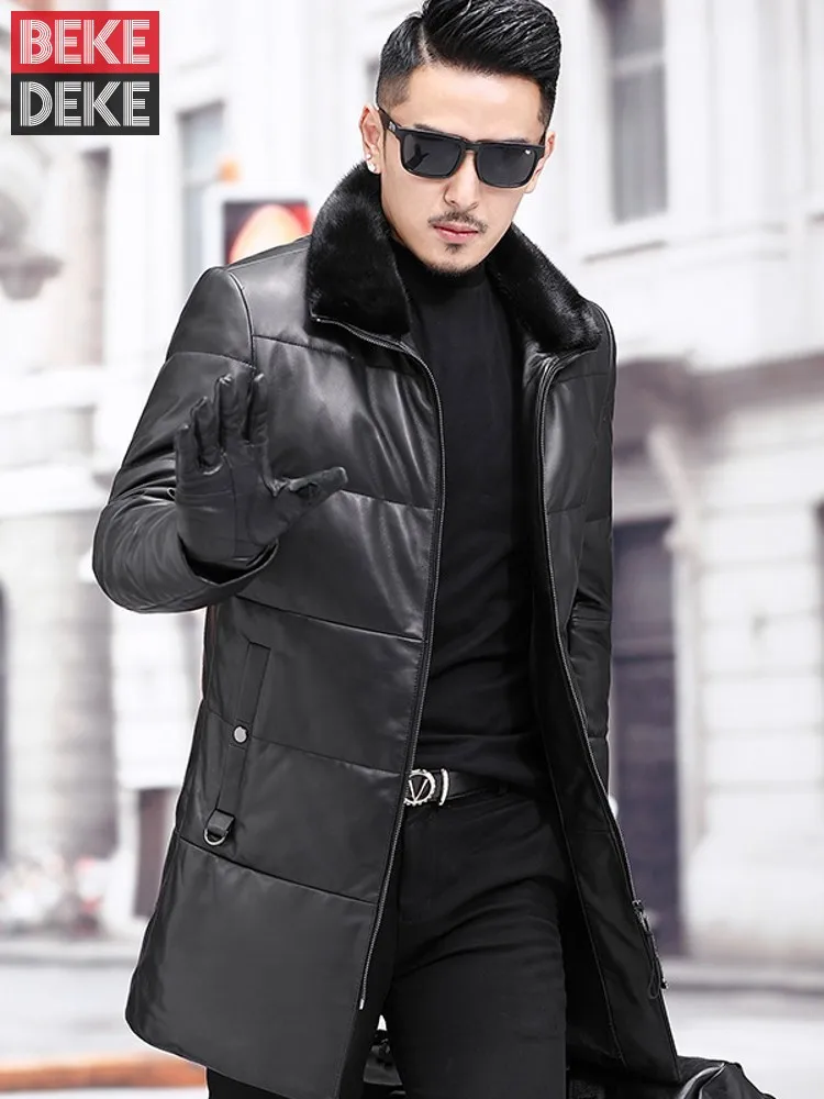 Genuine Leather Down Jacket Men Winter Thick Mink Fur Collar Medium Long Coat Streetwear Brand Zipper Business Work Warm Jacket