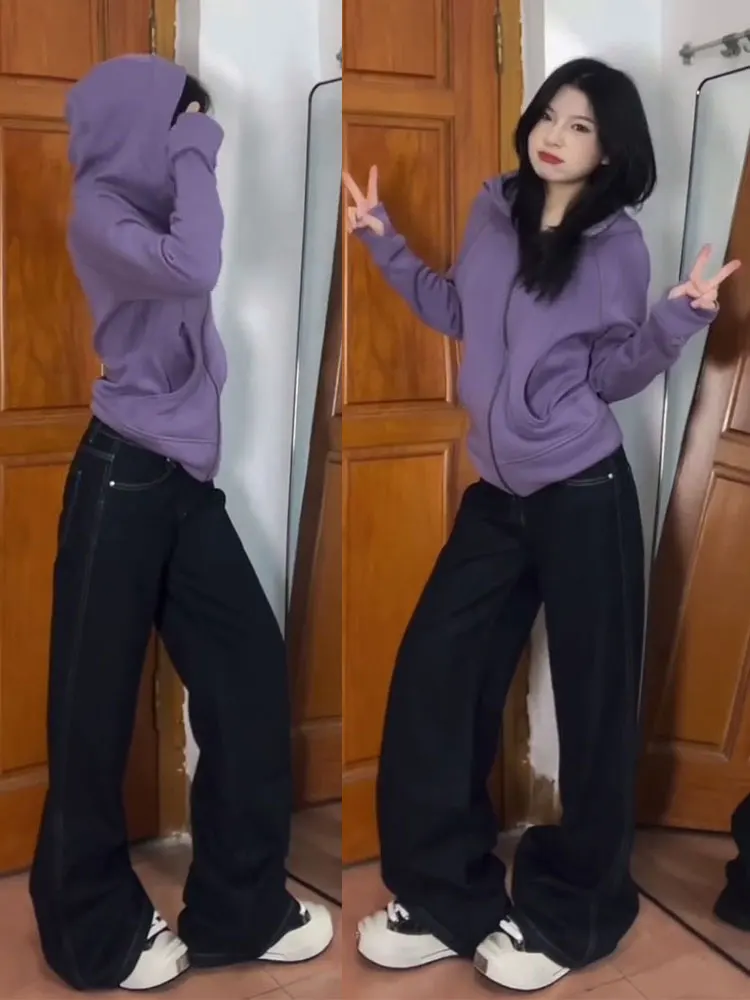 เสื้อฮู้ดสีม่วงสำหรับผู้หญิง ฤดูใบไม้ผลิ/ฤดูใบไม้ร่วง 2025 รุ่นใหม่ สไตล์สปอร์ต ทรงเข้ารูป กระชับเอว ให้ความรู้สึกหรูหรา ไซส์เล็ก สไตล์เกาหลี