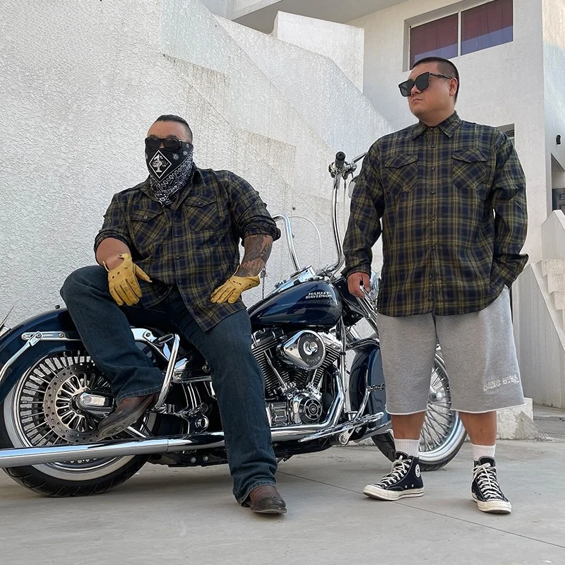Washed Pure Cotton Men's Shirt Nuclear Explosion Style Western Coast Motorcycle Large Size Chicano Blue Green Plaid Shirt