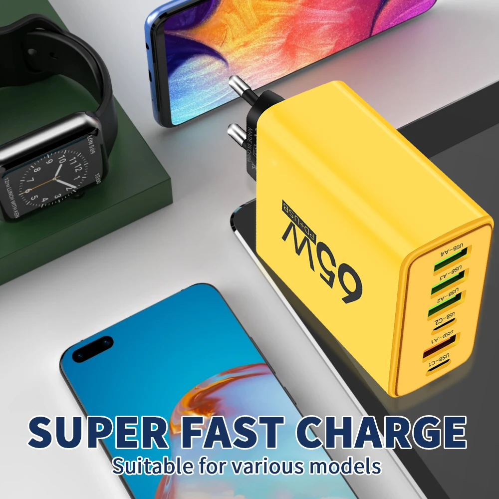 65W PD USB Fast Charging Charger 6 Ports Quick Charge 3.0 Mobile Phone Charger Adapter For iPhone15 Xiaomi Samsung Wall Charger image 5