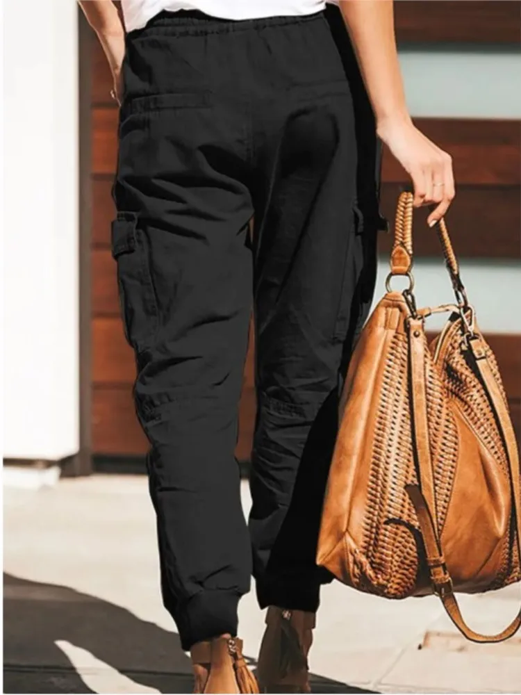 Casual Green Cargo Pants Women Loose Lace Up Elastic Waist Pockets Jogging Sport Woman Long Pants Fashion Streetwear Pant 2023