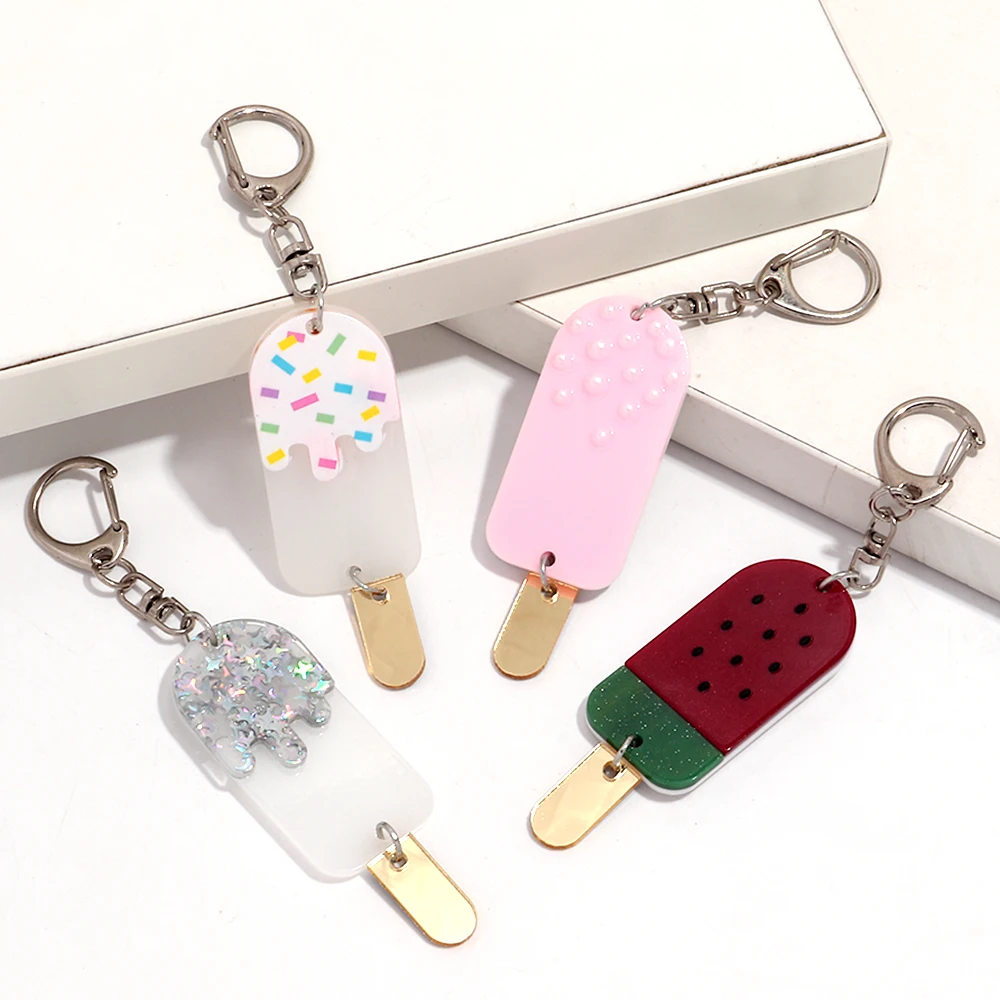 Cute Summer Popsicle Keychain Cartoon Watermelon Ice Cream Acrylic Charm Key Ring Sweet Dessert Bag Pendant Ornament Gift