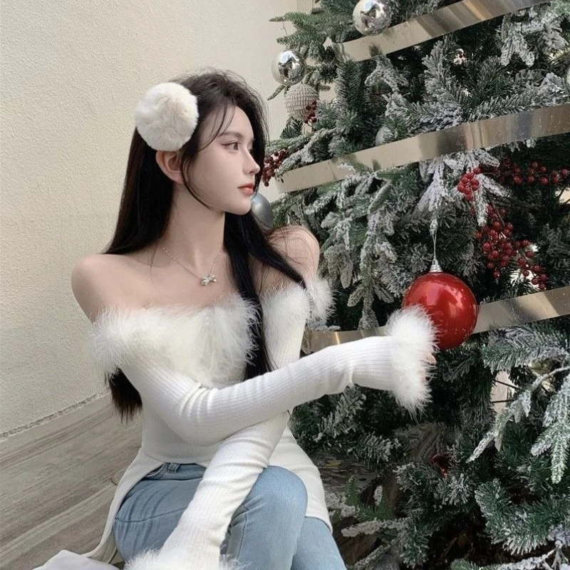 

Sexy Off Shoulder Ladies Pullovers Japanese Style Thermal Fashion 2025 Winter Light Hot Sale Fall Basic Women's Knit Sweater