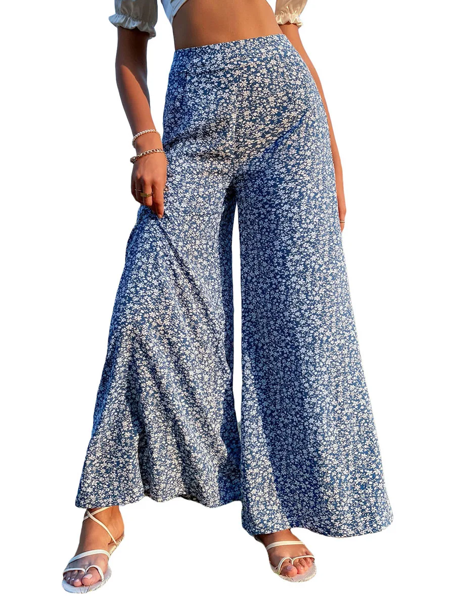 Women s Wide Leg Pants High Waist Floral Printed Baggy Loose Casual Straight Trousers XS S M L XL