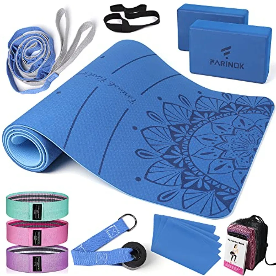 

1/3 Yoga Mat Thick, Yoga Set for Beginners Include High Density Mat with Multi-loops Strap, Blocks, Booty Resistance Band Set,