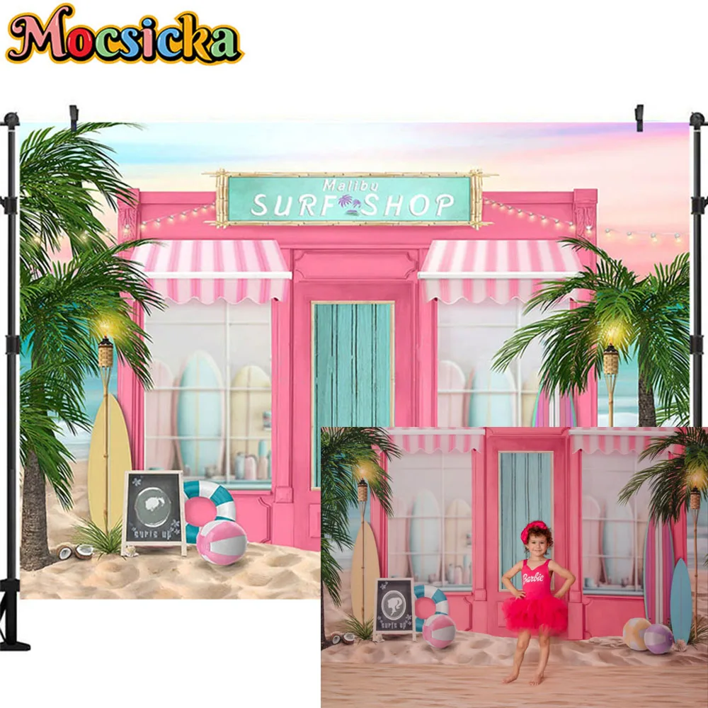 핑크 해변 서핑샵 배경, 여름 공주 생일 파티 사진 스튜디오 소품, 소녀 케이크 스매시 배경