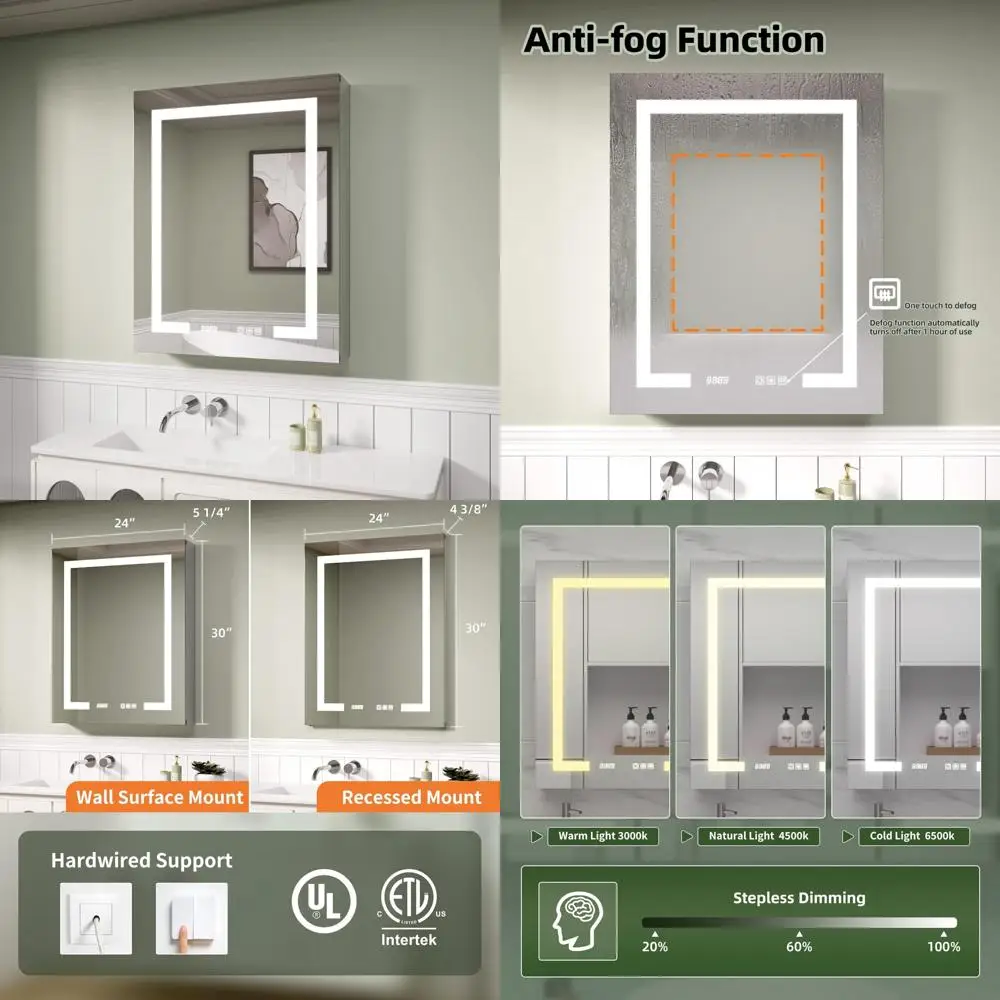 

24 x 30 LED Illuminated Medicine Cabinet with Mirror, Recessed or Surface Mount for Bathroom