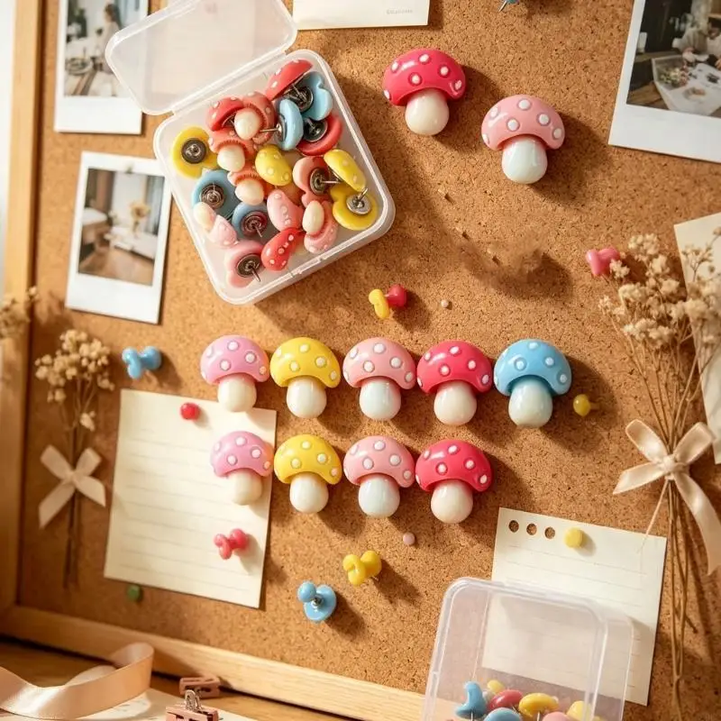 Decorative Resin Mushroom Push Pins 20 Piece with Storage Box for Cork Board Pictures Schedules Labels Cards Photo Display 896C