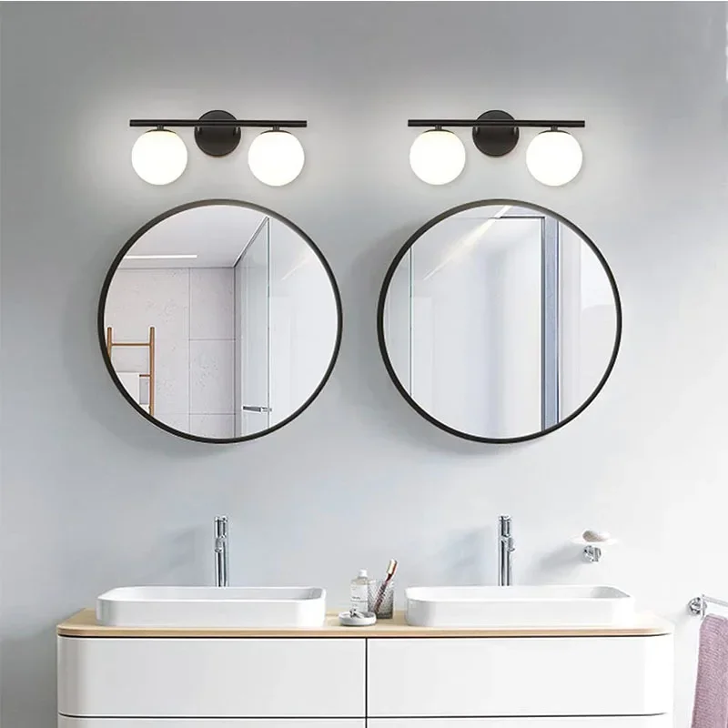 Black 2-Light Vanity Wall Light Fixtures 32cm Globe Glass Bathroom Mirror Light Modern Wall Bar Sconce For Powder Room Bedroom