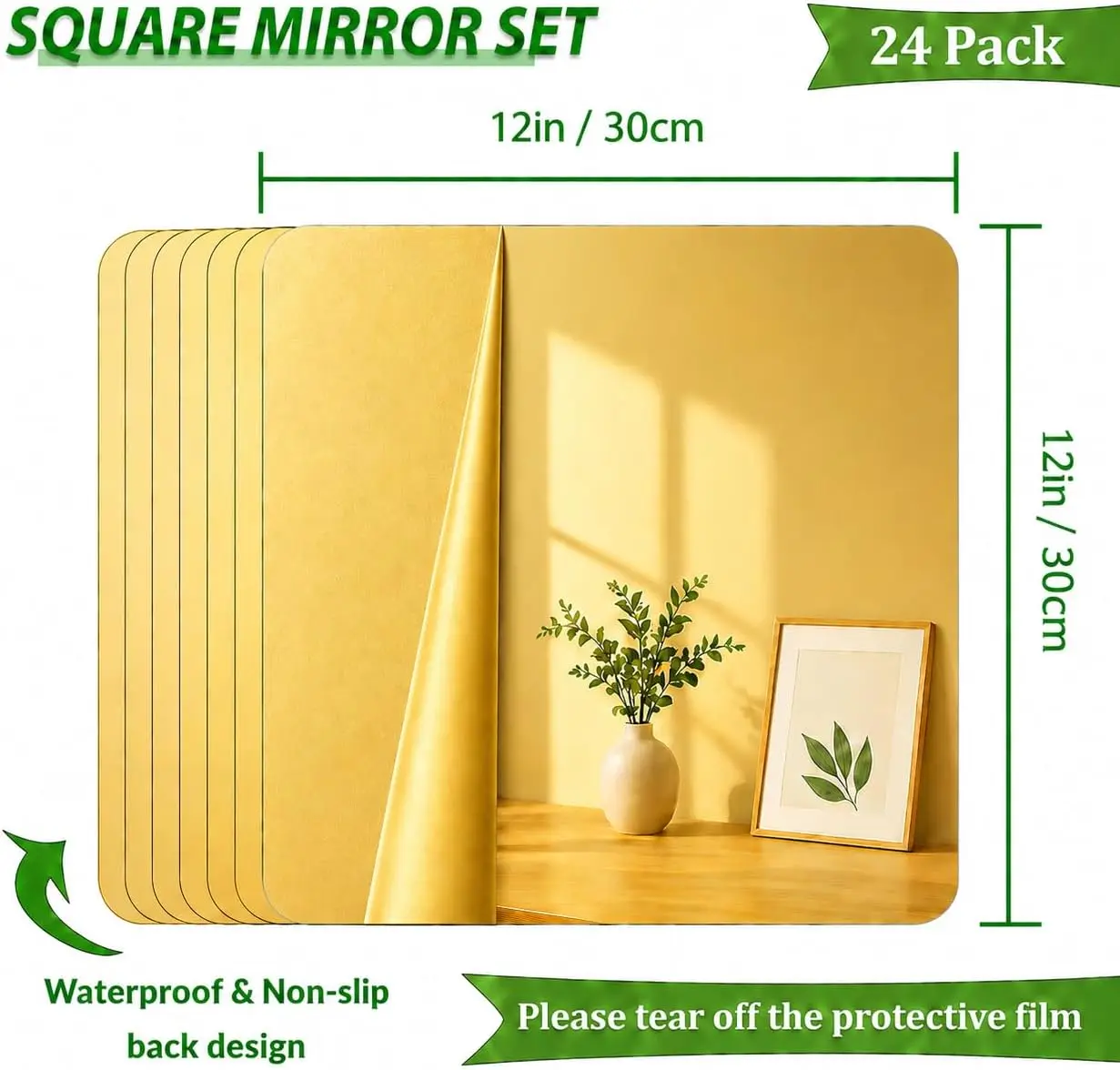 Set of 24 Square Mirrors for Centerpieces, 12 x 12 Inch Acrylic Gold Mirror Tray Candle Plates Wall Mounted Mirrors for Wedding