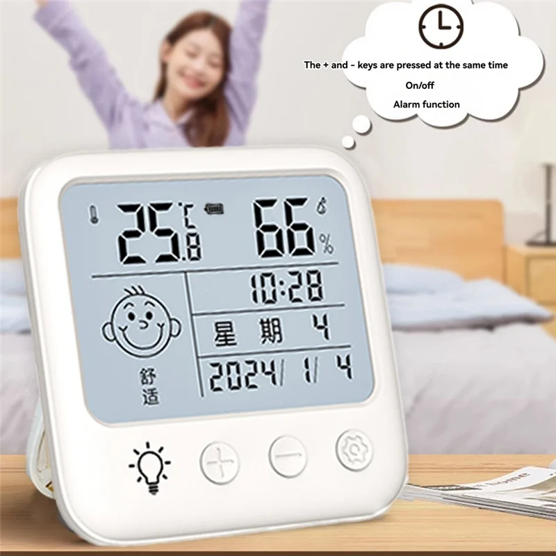 ABGN 2403 ميزان الحرارة القابل لإعادة الشحن ومقياس الرطوبة الداخلي ومقياس الرطوبة الخلفية عرض ميزان حرارة الوجه المبتسم