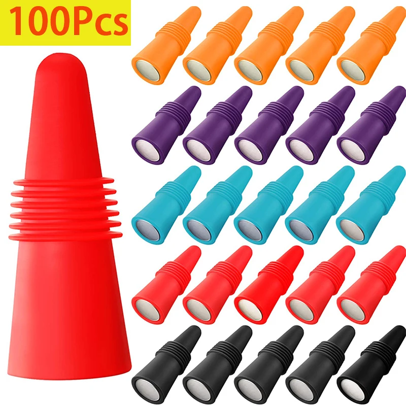 

100Pcs Silicone Wine Bottle Stopper Colorful Leak Proof Beer Champagne Cap Closer Cork Lid Wine Beverage Bottle Bar Accessories