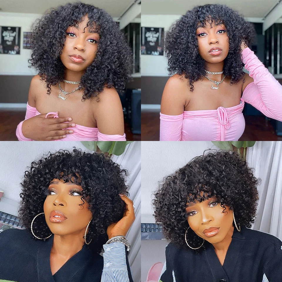 Wig Bob Keriting Jerry untuk Wanita Wig Rambut Manusia Potongan Pixie Pendek dengan Poni Rambut Remy Brasil Wig Buatan Mesin Penuh