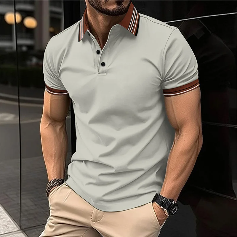 Men's Casual Polo Shirt with Color Block Collar Short Sleeve Fashion Button Design for Daily Commute And Summer Outfits