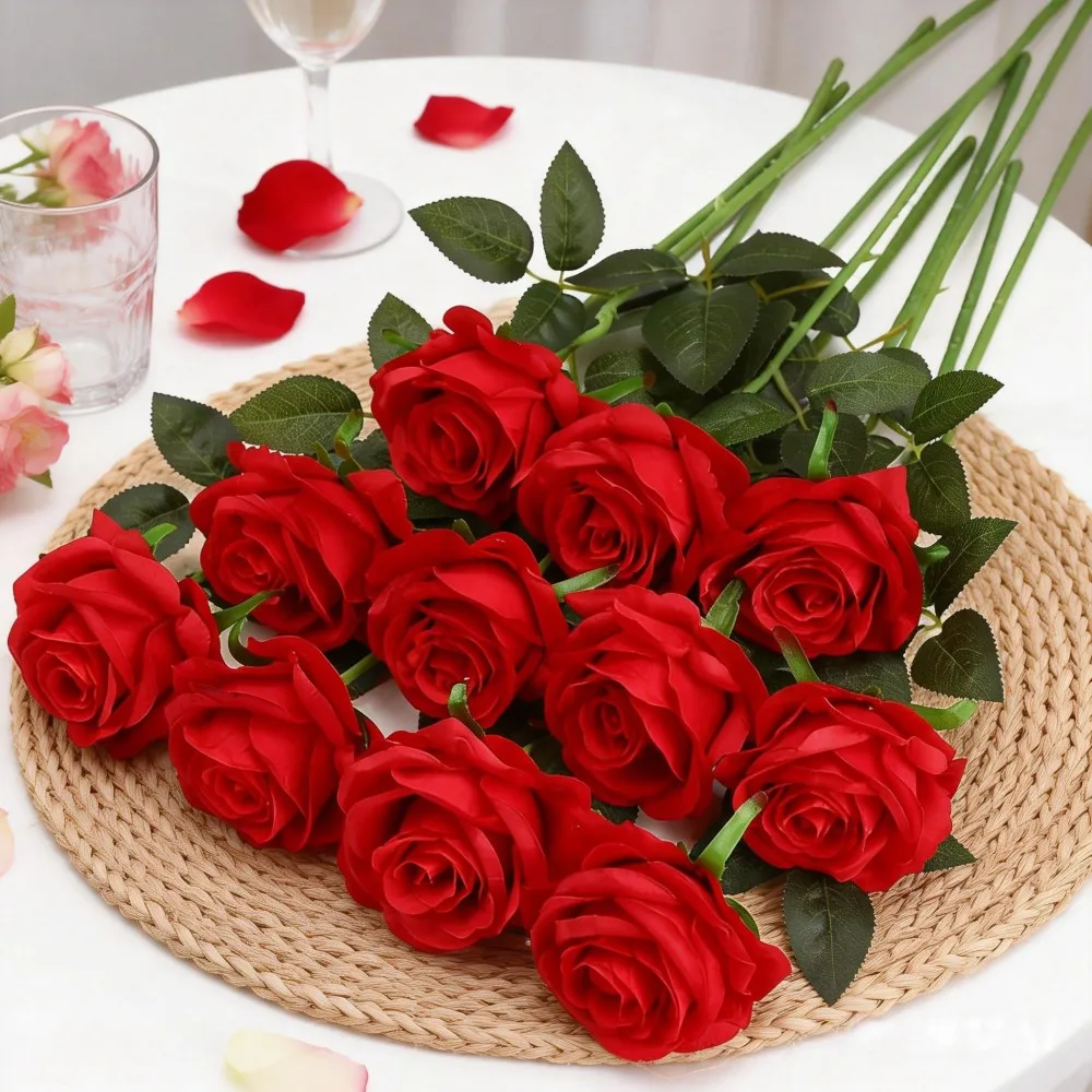 10 Stück rote künstliche Rosen, künstliche Blumen, künstliche künstliche Rosen, Seidenblumen mit Stielen für Zuhause, Hochzeit, Büro, Herzstück, Dekoration