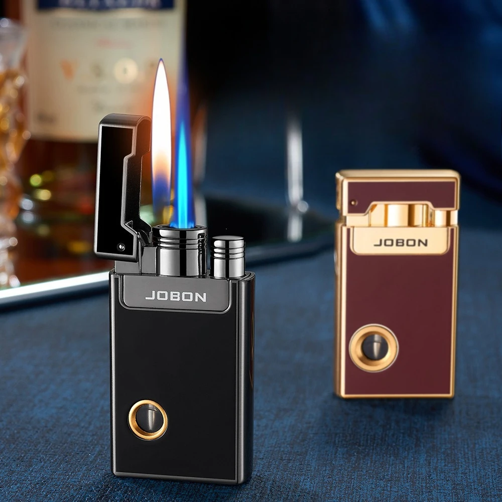 JOBON Dual Flame Gas Lighter, Transparent Visible Gas Chamber, Direct Spray Soft Fire for 2 Purposes, Men's Holiday Gift