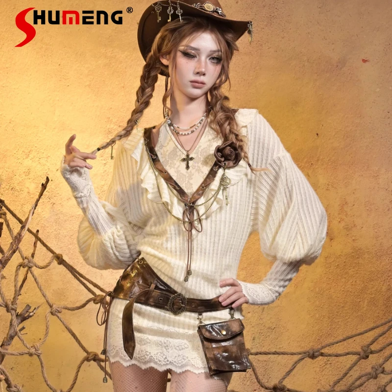 

New Japanese Lolita Original Design Long-Sleeved Puff Sleeves Slim Fit Sweater Dress Sweet Cute High-waistedd Y2k Dresses Ladies