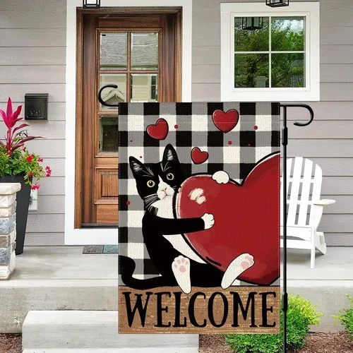Welcome Valentines Day Cat Garden Flag Valentine Heart Garden Flag 12×18 Inch... PPZ