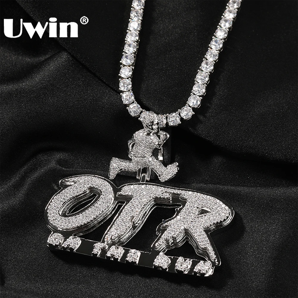 

UWIN OTR Letters Pendant Necklace Iced Out CZ Stones Hollow Back Charms Fashion Jewelry for Gift