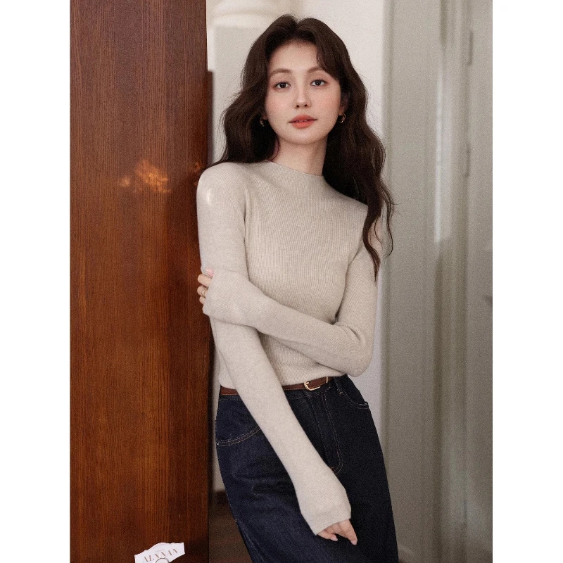 

ALXNAN Long Sleeve Pullovers Mock Neck Regular Shoulder Slim-fit Layering Knitwear Autumn Winter Versatile Warm Tops L58981-1