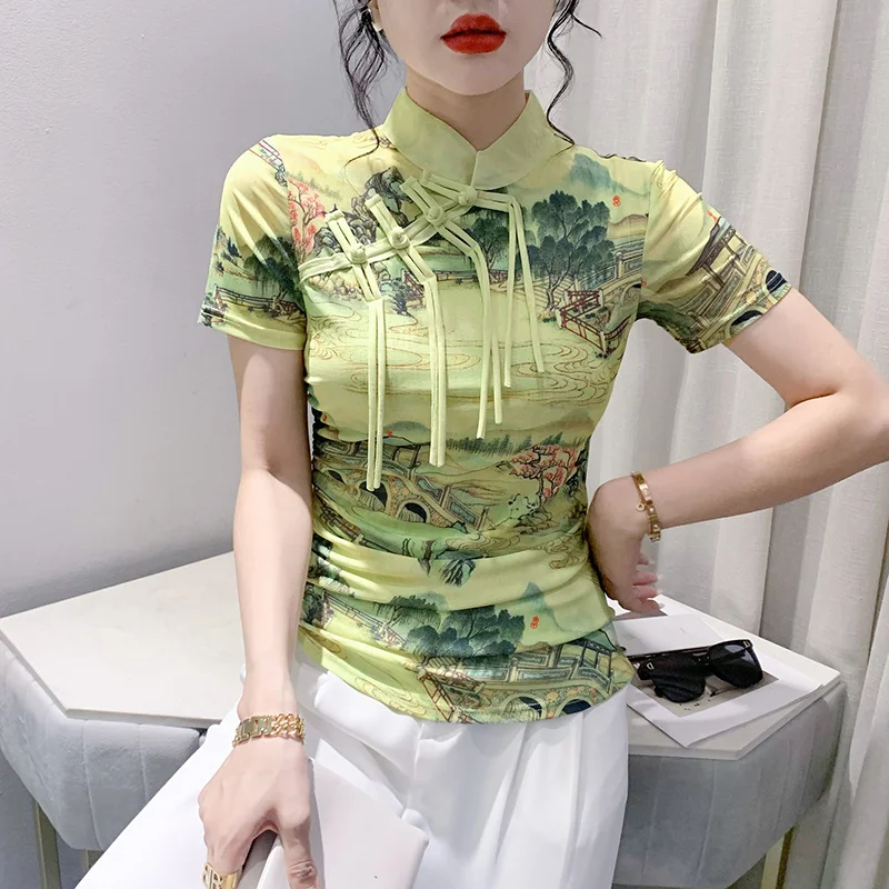 

#5705 Chinese Style Vintage 3D Printed Mesh T Shirt Women Stand Collar Buttons Sexy Ribbons Thin Skinny Tshirt Short Sleeve