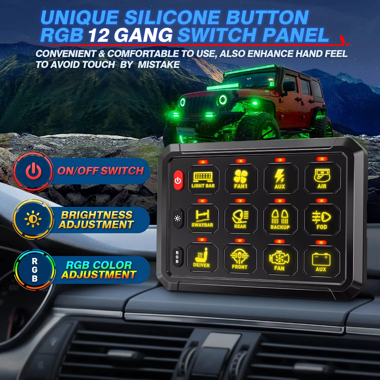 12連スイッチパネル 12/24V キャラバンコントロールパネル DIYバックライト付き車載タッチスイッチパネル 車 トラック オフロード RV バン用