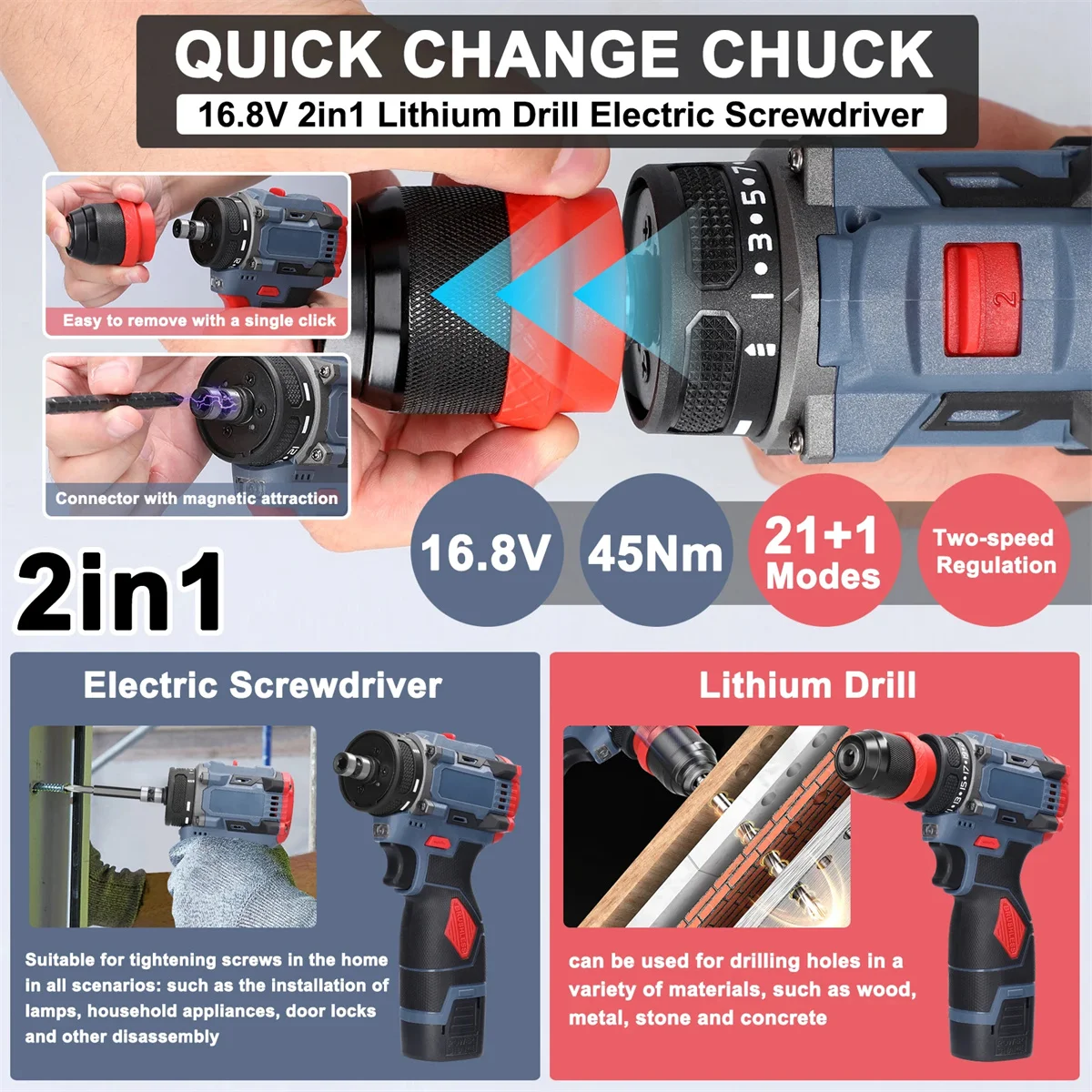 16.8V Electric Screwdriver Brushless Motor Impact Drill 2-speed Regulation Modes Rechargeable Multifunction Power Tool